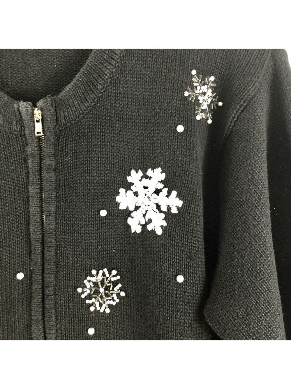 Vintage B.P. Design Beaded Snowy Christmas Snow Globe Zip Front Cardigan Size L - Picture 3 of 11